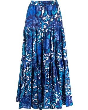 La DoubleJ Graphic-Print Tiered Cotton Skirt - Blue