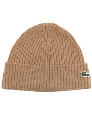 Lacoste Logo-Patch Ribbed-Knit Beanie - Natural