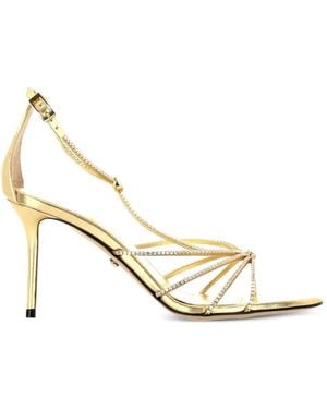 Mach & Mach Crystal-Embellished Metallic Leather Sandals - White
