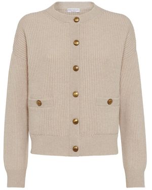 Brunello Cucinelli English Ribbed-Knit Button-Up Cardigan - Natural
