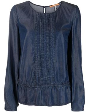 BOSS Denim Ruffle-Hem Long-Sleeve Top - Blue