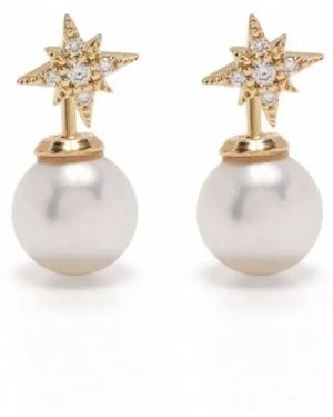 Mizuki Pendientes pequeños en oro amarillo de 14kt con diamantes y perlas - Blanco