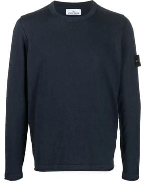 Stone Island 5100052 Organic Cotton And Nylon Crew-Neck Jumper With Small Roll Finishes - Blue