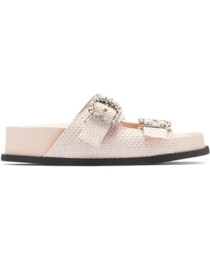N°21 Crystal-Embellished Buckle Woven Slides - White