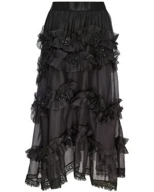 Renli Su Ruffled-Trim Silk Midi Skirt - Black