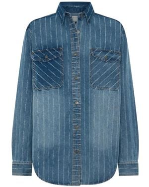 One Teaspoon Distressed Striped Denim Shirt - Blue