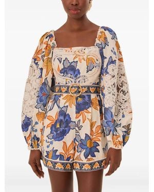 FARM Rio Lace-Trimmed Floral Playsuit - Blue