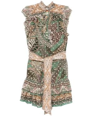 FARM Rio Dotted-Foliage Ruffled-Sleeve Mini Dress - Green