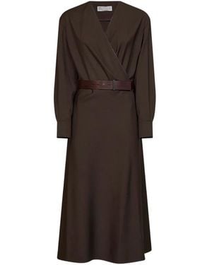 Brunello Cucinelli Monili-Embellished Belted Midi Dress - Brown