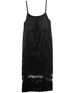 Bode Vestido Con Motivo Floral Y Flecos - Negro