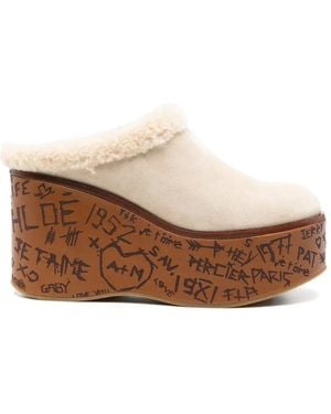 Chloé Maxime Shearling-Trim Wedge Mules - White
