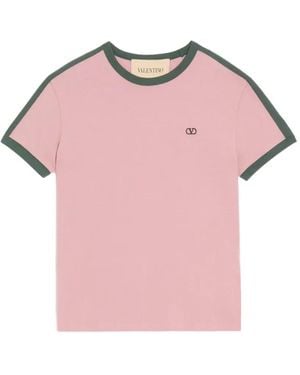 Valentino Garavani Cotton T-Shirt With Crew-Neck, Contrasting Side Bands And Vlogo Embroidery - Pink