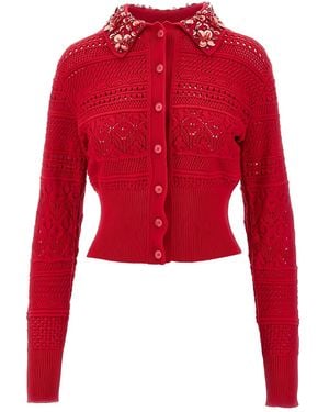 Des Phemmes Geknöpfter Cardigan mit perlenverziertem Kragen - Rot