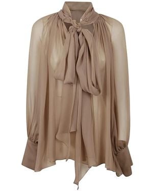 PHAEONIA Pussy-Bow Sheer-Finish Blouse - Brown