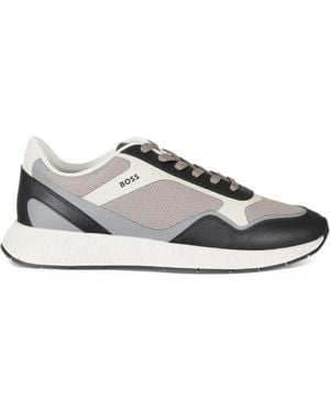 BOSS Mixed-Material Sneakers With Ridged Outsole - White