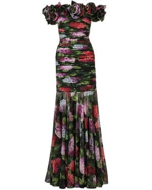 Carolina Herrera Chiffon Abendkleid Mit Off-The-Shoulder-Design Und Hortensien-Print - Weiß