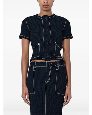 Issey Miyake Wavelet Crinkle-Textured Contrast-Stitch Top - Blue