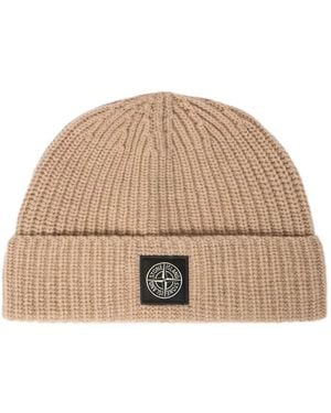 Stone Island Logo-Patch Beanie Hat - Natural