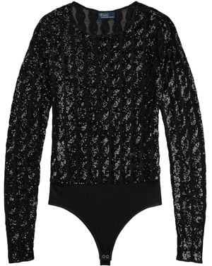 Polo Ralph Lauren Cable-Sequin Mesh Bodysuit - Black