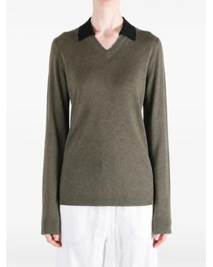 Frenckenberger Contrast-Collar V-Neck Sweater - Green