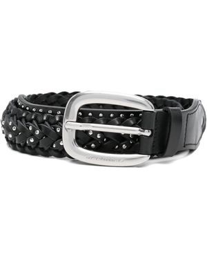 Golden Goose "Braided Houston" Washed Leather With Micro Studs Belt - Black