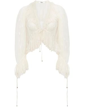 Chloé V-Neck Ruffled Embroidery Lace Blouse - White