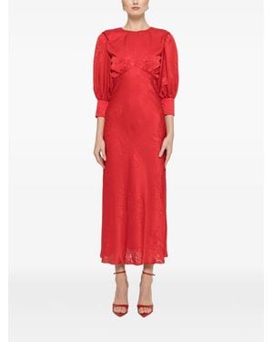 Nissa Puff-Sleeve Midi Dress - Red