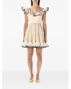 Zimmermann Structured Bodice Mini Dress With Frilled V-Wire Bust, Boning & Removable Bow Belt - Natural