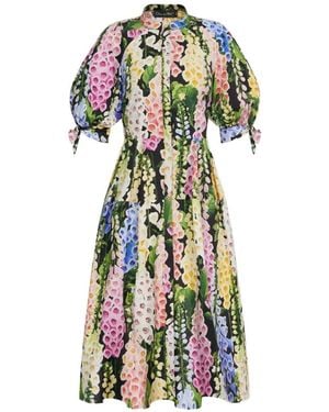 Oscar de la Renta Foxglove Puff Sleeve Floral Print Midi Dress - White