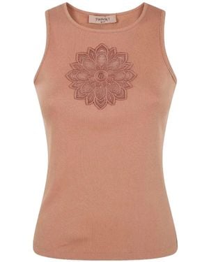 Twinset Lace-Appliqué Ribbed Top - Pink