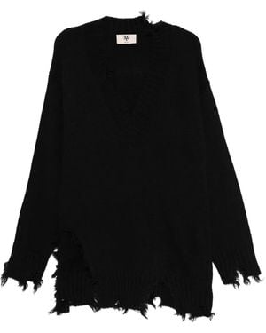 Aniye By Ausgefranster Pullover mit V-Ausschnitt - Schwarz