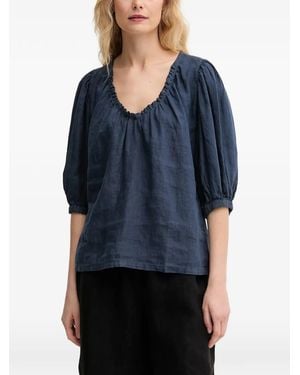 Mos Mosh Gathered V-Neck Blouse - Blue