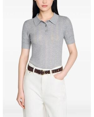 Sandro Pointelle Polo-Neck Wool Jumper - Grey