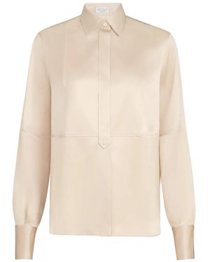 Brunello Cucinelli Stretch Silk Satin Shirt With Monili - White