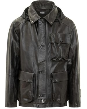 C.P. Company Hooded Medium Leather Jacket - Black
