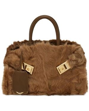 Ferragamo Mini Hug Shearling Buckle Cross Body Bag - Brown