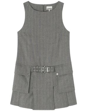 Ganni Pinstripe-Pattern Belted Dress - Grey
