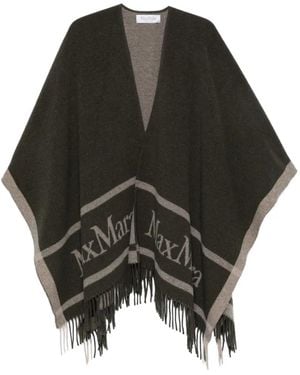 Max Mara Manteau Façon Poncho Frangé À Logo Intarsia - Noir