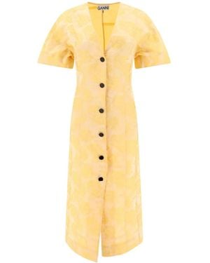 Ganni Shiny Check Jacquard Midi Dress in Natural | Lyst