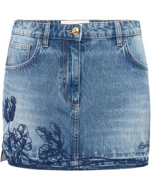 Elisabetta Franchi Embroidered-Flowers Denim Mini Skirt - Blue