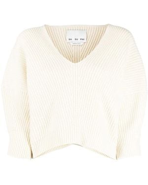 Sa Su Phi V-Neck Ribbed-Knit Jumper - White