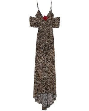 Blumarine Leopard-Print Brooch-Detail Maxi Dress - White