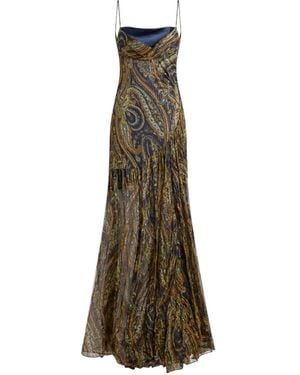 Etro Long Silk Dress With Draping And Paisley Motif - Natural