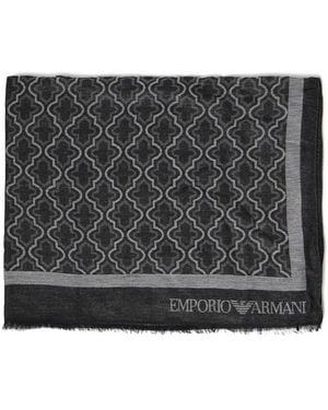 Emporio Armani Logo-Print Fringed Scarf - Grey