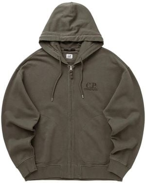 C.P. Company Logo-Embroidered Diagonal Fleece Hoodie - Grey