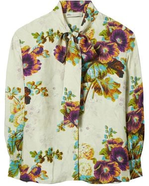 Tory Burch Floral-Pattern Pussy-Bow Blouse - Green