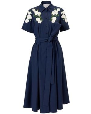 Carolina Herrera Floral-Embroidered Belted Midi Dress - Blue