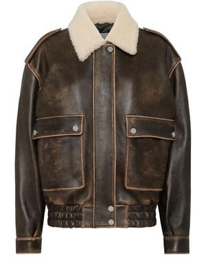 Philipp Plein Leather Aviator Jacket With Shearling Collar Signature - Brown