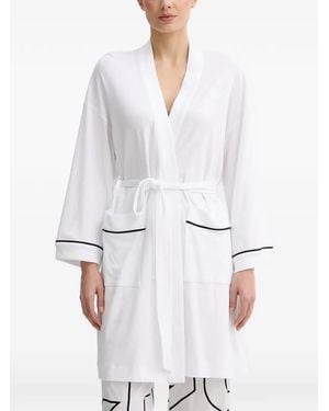DKNY Logo-Embroidered Contrast-Trim Robe - White