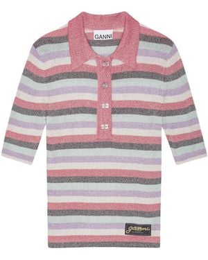 Ganni Striped Polo With Logo - Gray